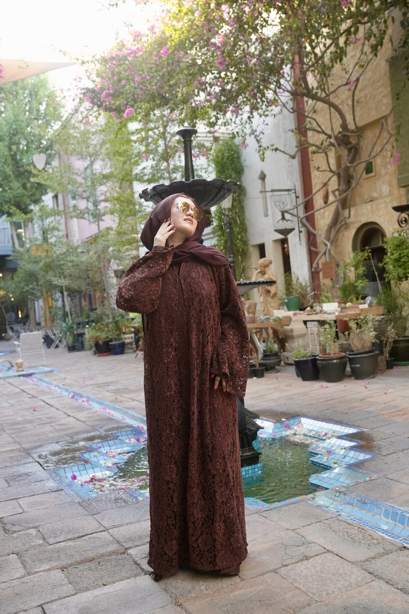 Layl Al Qahwah — Coffee Brown Lace Bell Sleeve Abaya