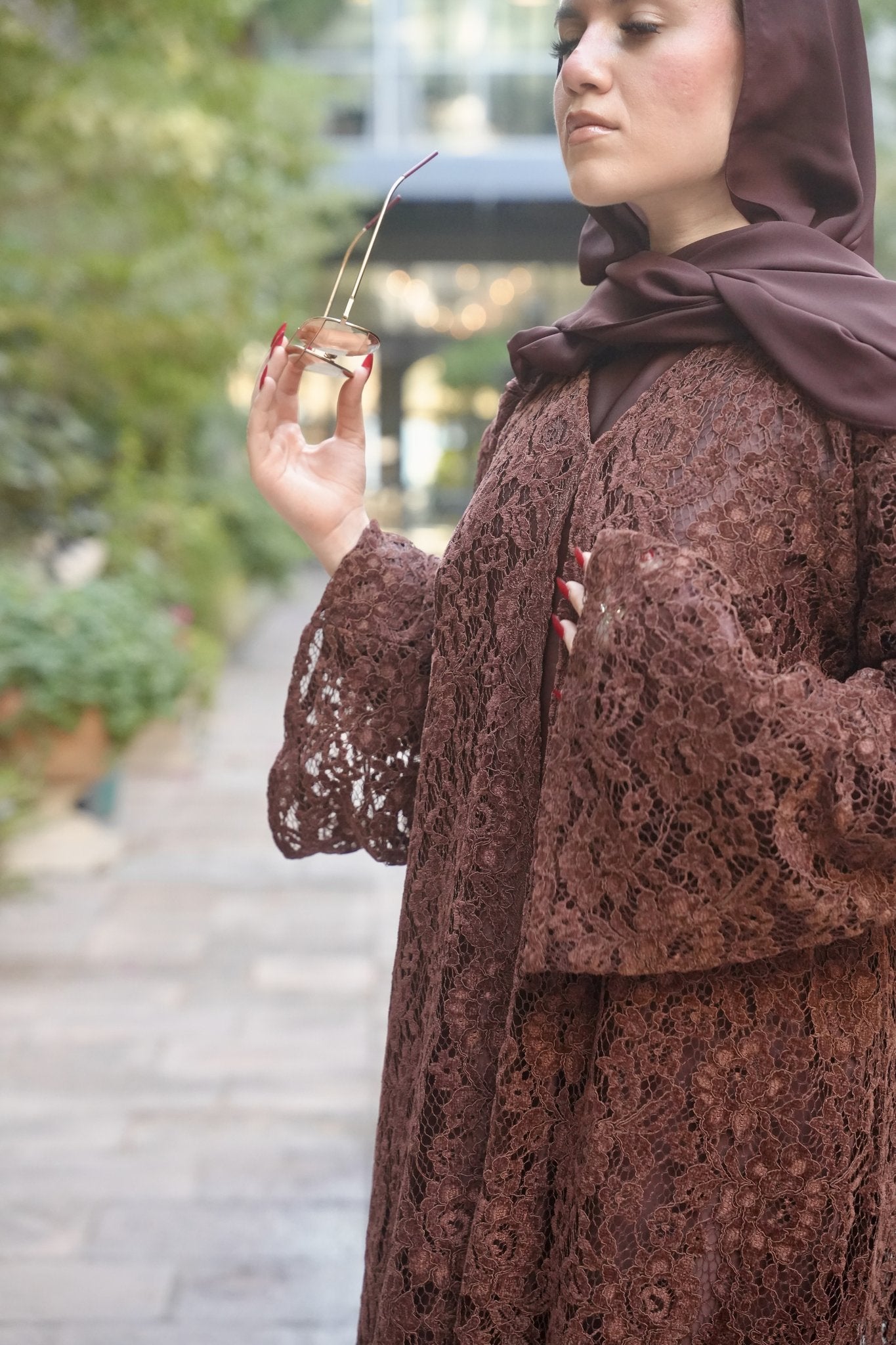 Layl Al Qahwah — Coffee Brown Lace Bell Sleeve Abaya