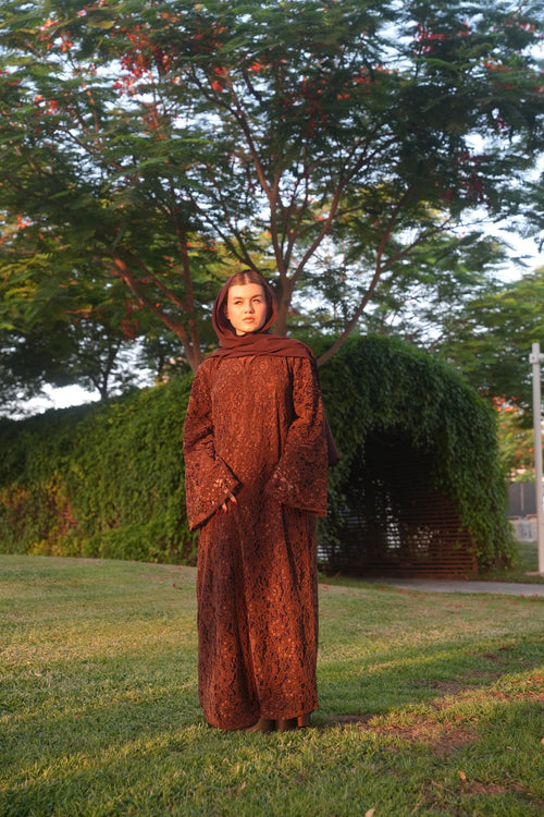 Layl Al Qahwah — Coffee Brown Lace Bell Sleeve Abaya