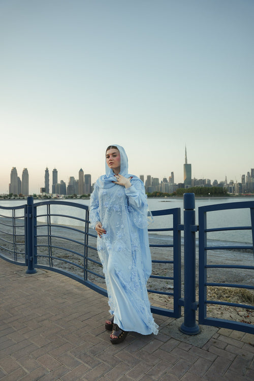 Mohabbat Breeze — Sky Blue Floral Lace Abaya