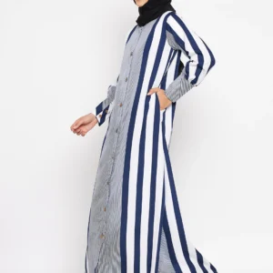 Women Blue Front Open Striped Abaya
